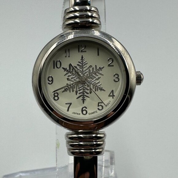 3/$30 Christmas Watch Women Silver Tone Snowflake Dial Hinged Cuff Band 7" - Picture 1 of 9